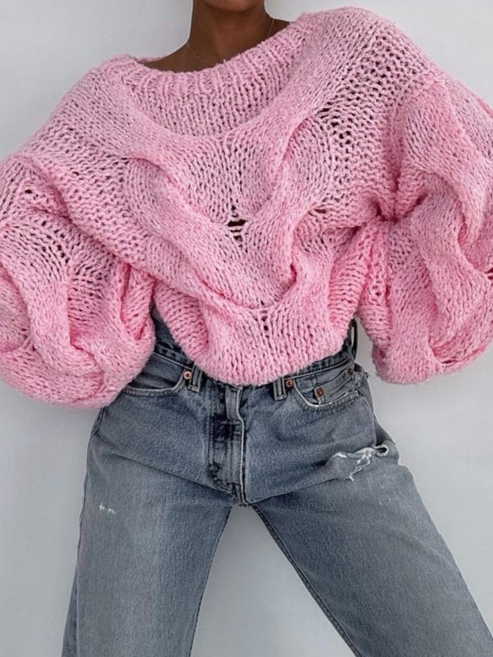 Rumored Pink Chunky Cable Knit Scoop Sweater